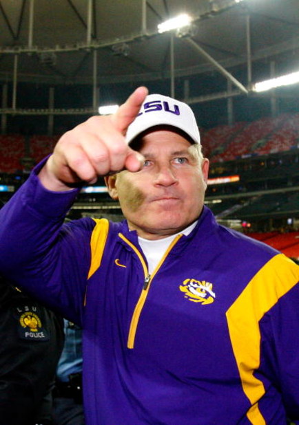 ATLANTA - DECEMBER 31:  Head coach Les Miles of the LSU Tigers celebrates after a 38-3 win over the Georgia Tech Yellow Jackets in the Chick-fil-A Bowl on December 31, 2008 at the Georgia Dome in Atlanta, Georgia.  (Photo by Kevin C. Cox/Getty Images)