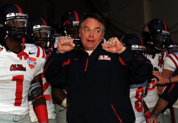 DALLAS - JANUARY 02:  Head coach Houston Nutt of the Mississippi Rebels before a game against the Texas Tech Red Raiders during the AT&T Cotton Bowl on January 2, 2009 at the Cotton Bowl in Dallas, Texas.  (Photo by Ronald Martinez/Getty Images)