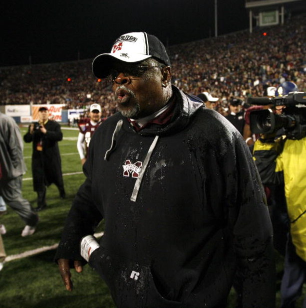 MEMPHIS, TN - DECEMBER 29:  Sylvester Croom, head coach of the Mississippi State Bulldogs is cooled off after his Gatorade shower after their victory over the UCF Knights during the 49th Annual Autozone Liberty Bowl at Liberty Bowl Memorial Stadium Decemb
