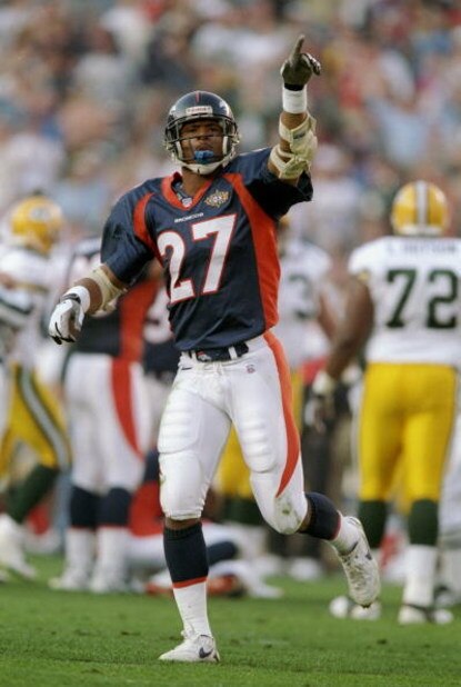 25 Jan 1998: Steve Atwater #27 of the Denver Broncos celebrates against the Green Bay Packers during Super Bowl XXXII at Qualcomm Stadium in San Diego, California. The Denver Broncos defeated the Green Bay Packers 31-24. Mandatory Credit: Andy Lyons /