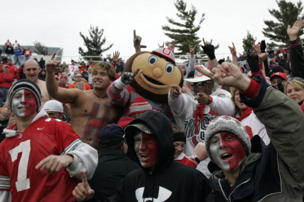 CHAMPAIGN, IL - NOVEMBER 4:  Brutus, The Ohio State Buckeyes mascot is in the stands to celebrate with fans during the game between the Ohio State Buckeyes against the Illinois Fighting Illini at Memorial Stadium November 4, 2006 in Champaign, Illinois.  