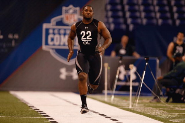 INDIANAPOLIS, IN - FEBRUARY 21:  Offensive lineman Dan Gay of Baylor runs the 40 yard dash during the NFL Scouting Combine presented by Under Armour at Lucas Oil Stadium on February 21, 2009 in Indianapolis, Indiana. (Photo by Scott Boehm/Getty Images)