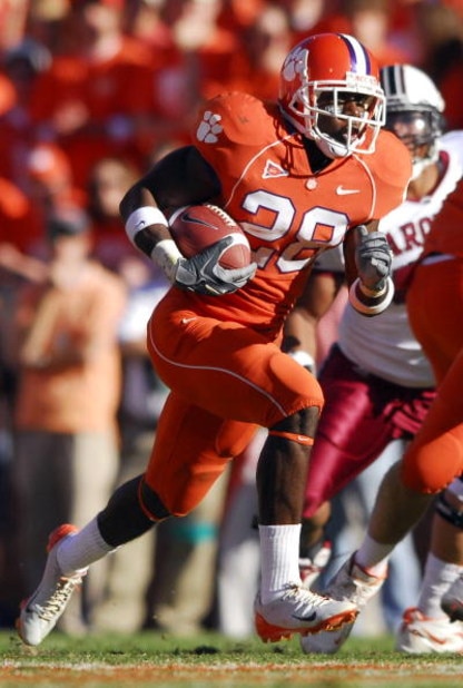 CLEMSON, SC - NOVEMBER 25: C.J. Spiller #28 of the Clemson Tigers runs against the South Carolina Gamecocks during an NCAA football game at Memorial Stadium in Clemson November 25, 2006 South Carolina. South Carolina won 31-28. (Photo by Grant Halverson