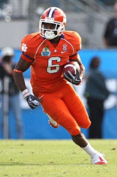 JACKSONVILLE, FL - JANUARY 1: Jacoby Ford #6 of the Clemson Tigers runs for yardage after a reception during the Konica Minolta Gator Bowl against the Nebraska Cornhuskers at Jacksonville Municipal Stadium January 1, 2009 in Jacksonville, Florida. (Phot