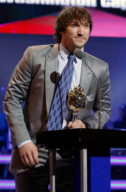 LAS VEGAS - JUNE 18:  Alexander Ovechkin of the Washington Capitals accepts the Hart Memorial Trophy during the 2009 NHL Awards at The Pearl concert theater at the Palms Casino Resort on June 18, 2009 in Las Vegas, Nevada.  (Photo by Ethan Miller/Getty Im