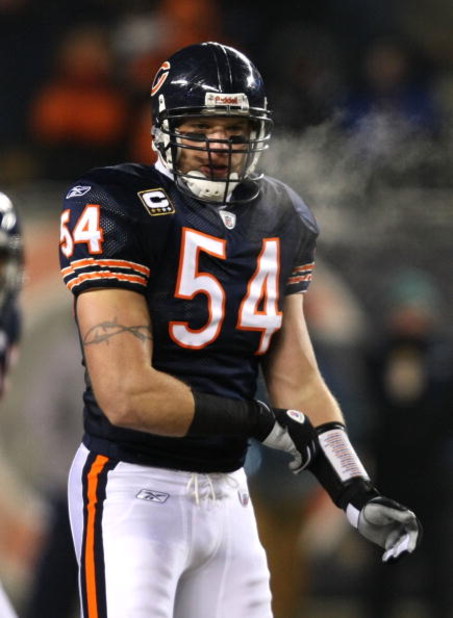 CHICAGO - DECEMBER 22: Brian Urlacher #54 of the Chicago Bears awaits the start of play against the Green Bay Packers on December 22, 2008 at Soldier Field in Chicago, Illinois. The Bears defeated the Packers 20-17 in overtime. (Photo by Jonathan Daniel/G