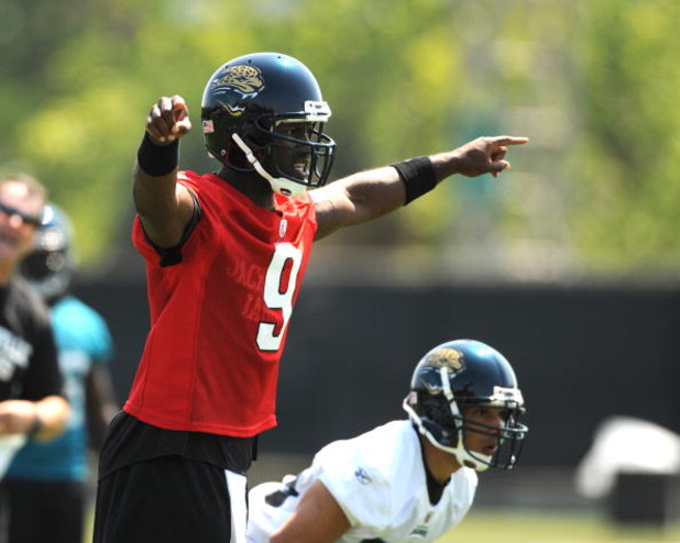 JACKSONVILLE, FL - MAY 1:  Quarterback David Garrard #9 of the Jacksonville Jaguars directs play May 1, 2009 at a team minicamp near Jacksonville Municipal Stadium in Jacksonville, Florida.  (Photo by Al Messerschmidt/Getty Images)