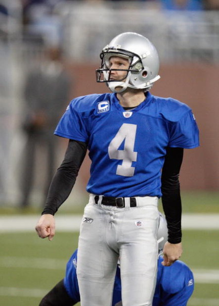 DETROIT , MI - NOVEMBER 27:  Jason Hanson #4 of the Detroit Lions follows his field goal kick during the game against the Tennessee Titans on November 27, 2008 at Ford Field in Detroit, Michigan. Tennessee won the game 47-10. (Photo by Gregory Shamus/Gett
