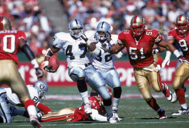 8 Oct 2000:  Tyrone Wheatley #47 of the Oakland Raiders carries the ball up the middle during the game against the San Francisco 49ers at 3 Com Park in San Francisco, California.  The Raiders defeated the 49ers 34-28.Mandatory Credit: Tom Hauck  /Allsport