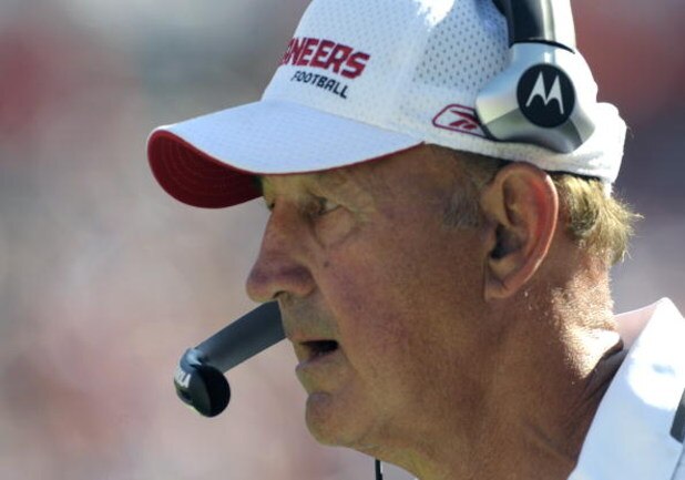 TAMPA, FL - DECEMBER 28: Retiring defensive coordinator Monte Kiffin of the Tampa Bay Buccaneers watches play against the Oakland Raiders at Raymond James Stadium on December 28, 2008 in Tampa, Florida. (Photo by Al Messerschmidt/Getty Images)