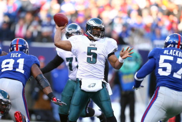 EAST RUTHERFORD, NJ - JANUARY 11:  Quarterback Donovan McNabb #5 of the Philadelphia Eagles passes the ball during the NFC Divisional Playoff Game against the New York Giants on January 11, 2009 at Giants Stadium in East Rutherford, New Jersey.  The Eagle