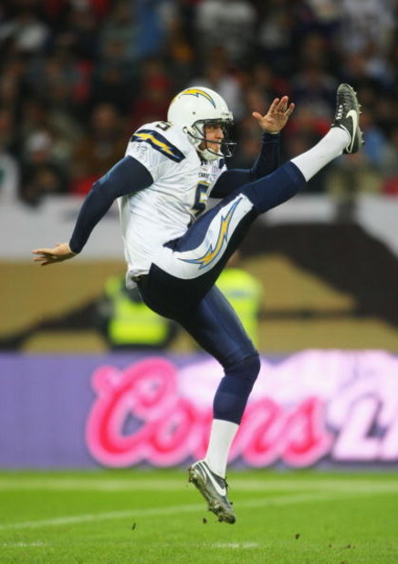 LONDON - OCTOBER 26:  Mike Scifres of the San Diego Chargers punts downfield during the Bridgestone International Series NFL match between San Diego Chargers and New Orleans Saints at Wembley Stadium on October 26, 2008 in London, England.  (Photo by Stu 