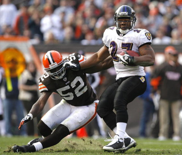 CLEVELAND - NOVEMBER 2:  Ray Rice #27 of the Baltimore Ravens runs the ball by D'Qwell Jackson #52 of the Cleveland Browns during the third quarter of their NFL game at Cleveland Browns Stadium November 2, 2008 in Cleveland, Ohio.  (Photo by Matt Sullivan