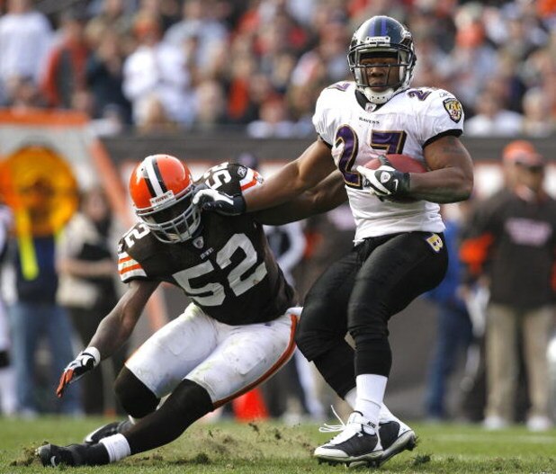 CLEVELAND - NOVEMBER 2: Ray Rice #27 of the Baltimore Ravens runs the ball by D'Qwell Jackson #52 of the Cleveland Browns during the third quarter of their NFL game at Cleveland Browns Stadium November 2, 2008 in Cleveland, Ohio. (Photo by Matt Sullivan