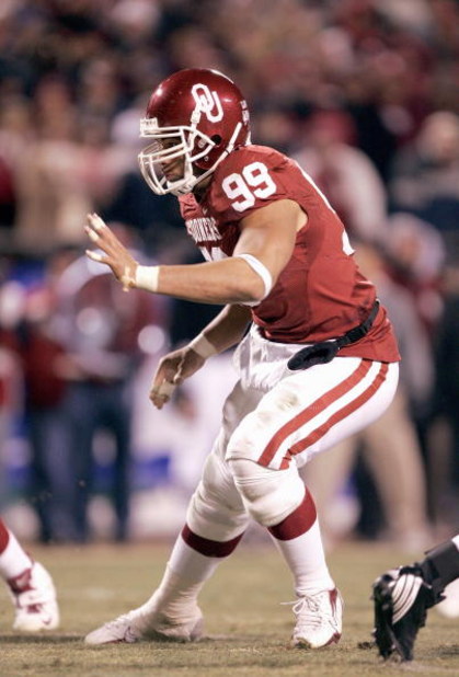 KANSAS CITY, MO - DECEMBER 2:  C.J. Ah You #99 of the Oklahoma Sooners moves on the field against the Nebraska Cornhuskers during the 2006 Dr. Pepper Big 12 Championship on December 2, 2006 at Arrowhead Stadium in Kansas City, Missouri. The Sooners won 21