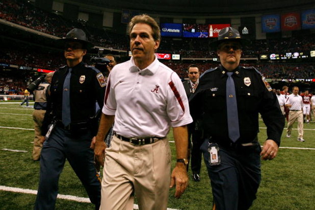 NEW ORLEANS - JANUARY 02:  Head coach Nick Saban of the Alabama Crimson Tide walks off the field after the Utah Utes defeated the Crimson Tide 31-17 in the 75th Allstate Sugar Bowl at the Louisiana Superdome on January 2, 2009 in New Orleans, Louisiana. T