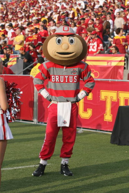 LOS ANGELES - SEPTEMBER 13:  Ohio State mascot Brutus Buckeye looks on during the game against the USC Trojans on September 13, 2008 at the Los Angeles Memorial Coliseum in Los Angeles, California.  USC won 35-3.  (Photo by Jeff Golden/Getty Images)