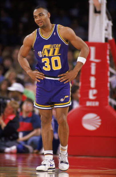 DENVER - 1989:  Blue Edwards #30 of the Utah Jazz stands on the court during an NBA game against the Denver Nuggets at McNichols Sports Arena in Denver, Colorado in 1989. (Photo by Tim DeFrisco/Getty Images)