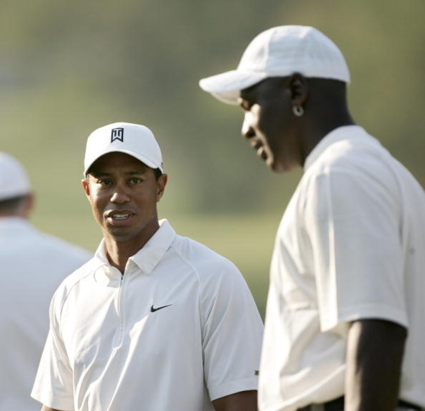 UNITED STATES - MAY 02:  Tiger Woods and Michael Jordan during the Pro-Am prior to the 2007 Wachovia Championship held at Quail Hollow Country Club in Charlotte, North Carolina on May 2, 2007.  (Photo by Sam Greenwood/Getty Images)