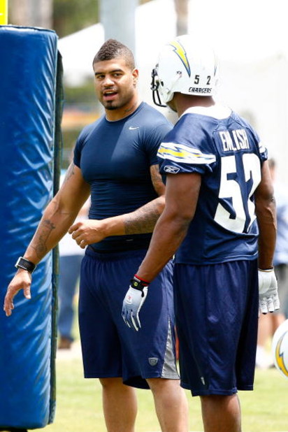 SAN DIEGO - MAY 03: Linebackers Shawne Merriman #56 and Larry English #52 of the San Diego Chargers have a discussion during minicamp at the Chargers training facility on May 3, 2009 in San Diego, California. (Photo by Kevin Terrell/Getty Images)