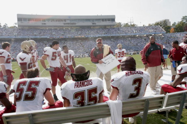 CHAPEL HILL, NC - NOVEMBER 5:  Defensive coordinator Frank Spaziani of the Boston College Eagles talks to players on the sideline against the North Carolina Tar Heels at Kenan Stadium on November 5, 2005 in Chapel Hill, North Carolina. North Carolina won 