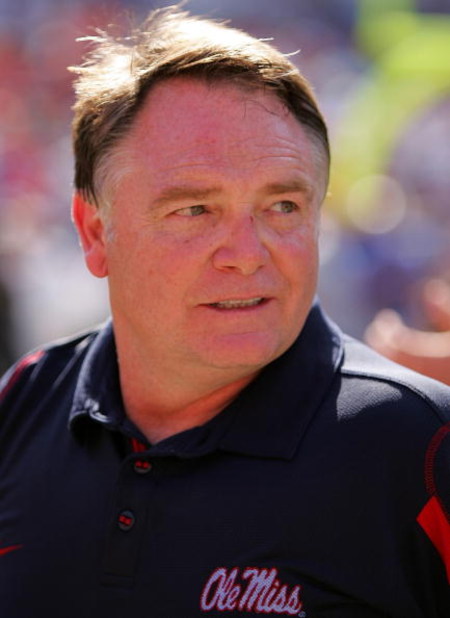 GAINESVILLE, FL - SEPTEMBER 27:  Ole Miss head coach Houston Nutt celebrates after a game against the University of Florida at Ben Hill Griffin Stadium on September 27, 2008 in Gainesville, Florida.  (Photo by Sam Greenwood/Getty Images)
