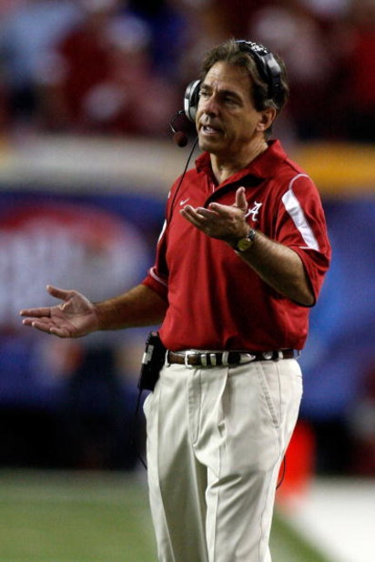 ATLANTA - DECEMBER 06:  Head coach Nick Saban of the Alabama Crimson Tide reacts to a call during the game against the Florida Gators during the SEC Championship on December 6, 2008 at the Georgia Dome in Atlanta, Georgia. The Gators defeated the Crimson 