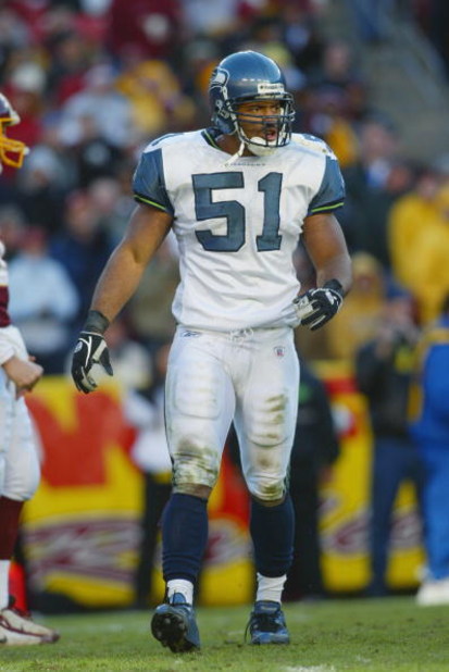 LANDOVER, MD - NOVEMBER 9:  Linebacker Anthony Simmons #51 of the Seattle Seahawks on the field during the game against the Washington Redskins on November 9, 2003 at FedEx Field in Landover, Maryland. The Redskins defeated the Seahawks 27-20.  (Photo by 
