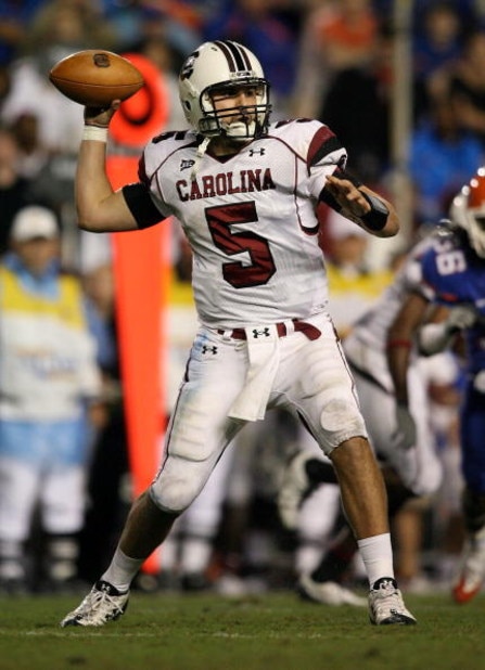 GAINESVILLE, FL - NOVEMBER 15: Quarterback Stephen Garcia #5 of the South Carolina Gamecocks throws a pass while taking on the Florida Gators at Ben Hill Griffin Stadium on November 15, 2008 in Gainesville, Florida. Florida defeated South Carolina 56-6.