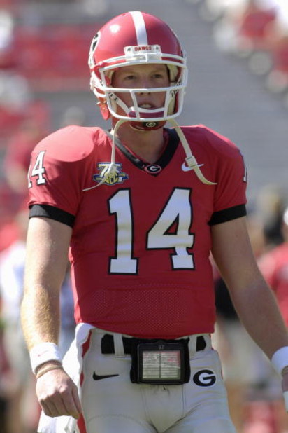 ATHENS, GA - SEPTEMBER 29: Quarterback Joe Cox #14 of  the Georgia Bulldogs warms up before play against the Mississippi  Rebels at Sanford Stadium on September 29, 2007 in Athens, Georgia.  Georgia won 45 - 17. (Photo by Al Messerschmidt/Getty Images)