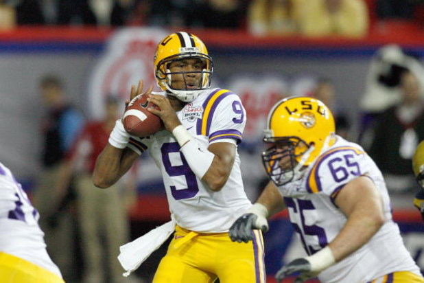 ATLANTA - DECEMBER 31:  Quarterback Jordan Jefferson #9 of the LSU Tigers looks to pass the ball during the Chick-fil-A Bowl against the Georgia Tech Yellow Jackets on December 31, 2008 at the Georgia Dome in Atlanta, Georgia. (Photo by Kevin C. Cox/Getty