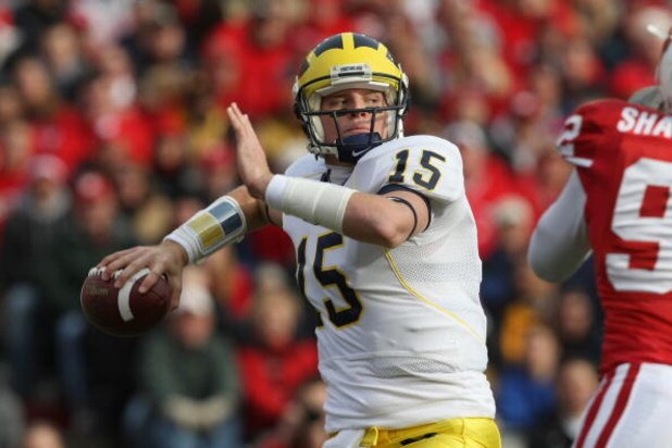 MADISON - NOVEMBER 10: Ryan Mallett #15 of the Michigan Wolverines fades back to pass during the game against the Wisconsin Badgers at Camp Randall Stadium on November 10, 2007 in Madison, Wisconsin. (Photo by Jonathan Daniel/Getty Images)