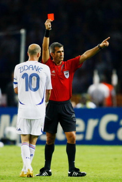 BERLIN - JULY 09:  Zinedine Zidane of France is shown a red card by Referee Horacio Elizondo of Argentina during the FIFA World Cup Germany 2006 Final match between Italy and France at the Olympic Stadium on July 9, 2006 in Berlin, Germany.  (Photo by Sha