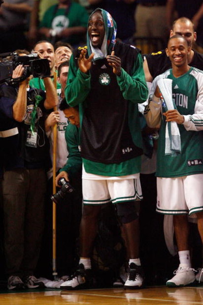 BOSTON - JUNE 17:  Kevin Garnett #5 of the Boston Celtics celebrates as the Celtics lead the Los Angeles Lakers in the fourth quarter of Game Six of the 2008 NBA Finals on June 17, 2008 at TD Banknorth Garden in Boston, Massachusetts. The Celtics defeated