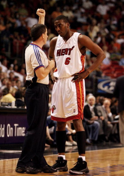MIAMI - APRIL 8:  Eddie Jones #6 of the Miami Heat questions a foul call by official Tim Donaghy while taking on the Charlotte Bobcats at American Airlines Arena April 8, 2007 in Miami, Florida. NOTE TO USER: User expressly acknowledges and agrees that, b