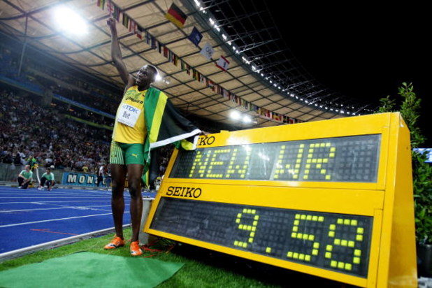 BERLIN - AUGUST 16:  Usain Bolt of Jamaica celebrates winning the gold medal in the men's 100 Metres Final during day two of the 12th IAAF World Athletics Championships at the Olympic Stadium on August 16, 2009 in Berlin, Germany. Bolt set a new World Rec