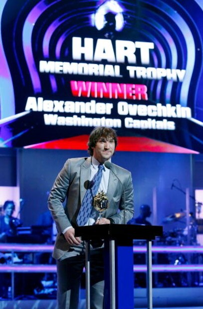 LAS VEGAS - JUNE 18: Alexander Ovechkin of the Washington Capitals accepts the Hart Memorial Trophy during the 2009 NHL Awards at The Pearl concert theater at the Palms Casino Resort on June 18, 2009 in Las Vegas, Nevada. (Photo by Ethan Miller/Getty Im