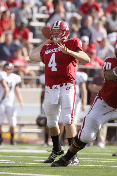 BLOOMINGTON, IN - NOVEMBER 01:  Quarterback Ben Chappell #4 of the Indiana Hooisers passes the ball downfield during the game against the Central Michigan Chippewas at Memorial Stadium on November 1, 2008 in Bloomington, Indiana.  (Photo by Andy Lyons/Get