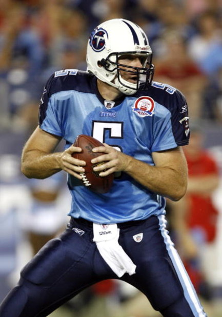 NASHVILLE, TN - AUGUST 15: Kerry Collins #5 of the Tennessee Titans looks to pass against the Tampa Bay Buccaneers during a preseason NFL game at LP Field on August 15, 2009 in Nashville, Tennessee. (Photo by Joe Murphy/Getty Images)