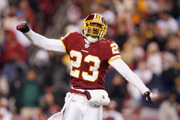 LANDOVER, MD - DECEMBER 21:  DeAngelo Hall #23 of the Washington Redskins celebrates during the game of the Philadelphia Eagles on December 21, 2008 at FedEx Field in Landover, Maryland.  (Photo by Kevin C. Cox/Getty Images)
