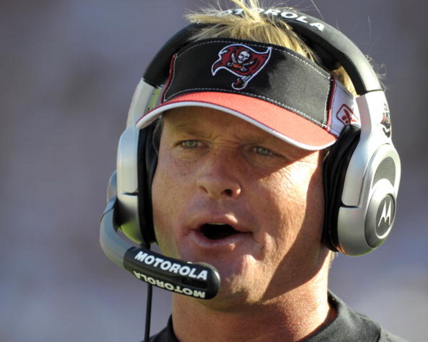 TAMPA, FL - DECEMBER 28: Coach Jon Gruden of the Tampa Bay Buccaneers directs play against the Oakland Raiders at Raymond James Stadium on December 28, 2008 in Tampa, Florida.  (Photo by Al Messerschmidt/Getty Images)