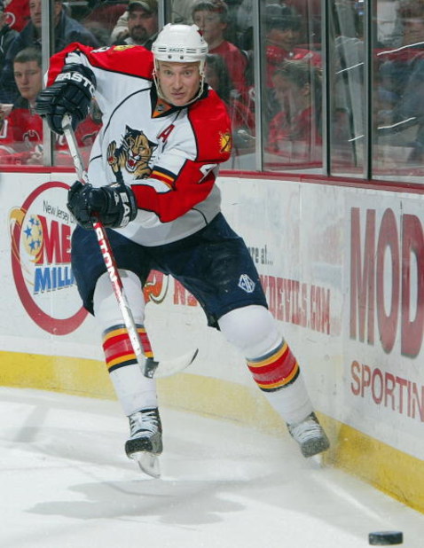 NEWARK, NJ - FEBRUARY 28:  Jay Bouwmeester #4 of the Florida Panthers skates against the New Jersey Devils at the Prudential Center on February 28, 2009 in Newark, New Jersey. The Devils defeated the Panthers 7-2.  (Photo by Jim McIsaac/Getty Images)