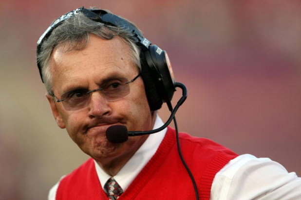 LOS ANGELES, CA - SEPTEMBER 13:  Head coach Jim Tressel of the Ohio State Buckeyes reacts in the second quarter against the USC Trojans during the college football game at the Los Angeles Memorial Coliseum on September 13, 2008 in Los Angeles, California.