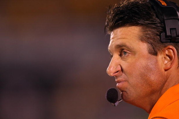 COLUMBIA, MO - OCTOBER 11:  Head coach Mike Gundy of the Oklahoma State Cowboys looks on against the Missouri Tigers for yardage on October 11, 2008 at Memorial Stadium in Columbia, Missouri.  (Photo by G. Newman Lowrance/Getty Images)