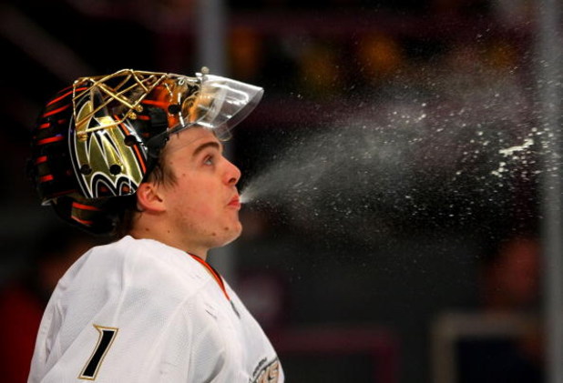 NEW YORK - JANUARY 20: Jonas Hiller #1 of the Anaheim Ducks spits out some water during his game against the New York Rangers on January 20, 2009 at Madison Square Garden in New York City. (Photo by Bruce Bennett/Getty Images)