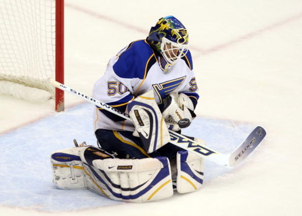 GLENDALE, AZ - APRIL 07:  Goaltender Chris Mason #50 of the St. Louis Blues makes a glove save on a shot from the Phoenix Coyotes during the NHL game at Jobing.com Arena on April 7, 2009 in Glendale, Arizona.  (Photo by Christian Petersen/Getty Images)
