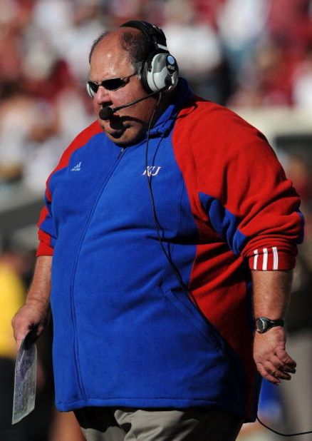 NORMAN, OK - OCTOBER 18:  Head coach Mark Mangino of the Kansas Jayhawks during play against the Oklahoma Sooners at Memorial Stadium on October 18, 2008 in Norman, Oklahoma.  (Photo by Ronald Martinez/Getty Images)