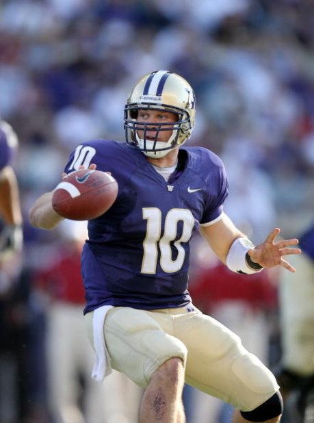 SEATTLE - SEPTEMBER 13:  Quarterback Jake Locker #10 of the Washington Huskies tosses the ball during the game against the Oklahoma Sooners on September 13, 2008 at Husky Stadium in Seattle, Washington. The Sooners defeated the Huskies 55-14.(Photo by Ott