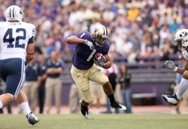 SEATTLE - SEPTEMBER 6:  Chris Polk #1 of the Washington Huskies runs with the ball against the BYU Cougars during the game on September 6, 2008 at Husky Stadium in Seattle, Washington. The Cougars defeated the Huskies 28-27. (Photo by Otto Greule Jr/Getty