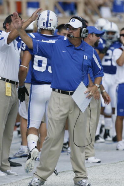 DURHAM, NC - SEPTEMBER 13:  Head coach David Cutcliffe of the Duke Blue Devils looks on during the game against the Navy Midshipmen at Wallace Wade Stadium on September 13, 2008 in Durham, North Carolina.  (Photo by Kevin C. Cox/Getty Images)